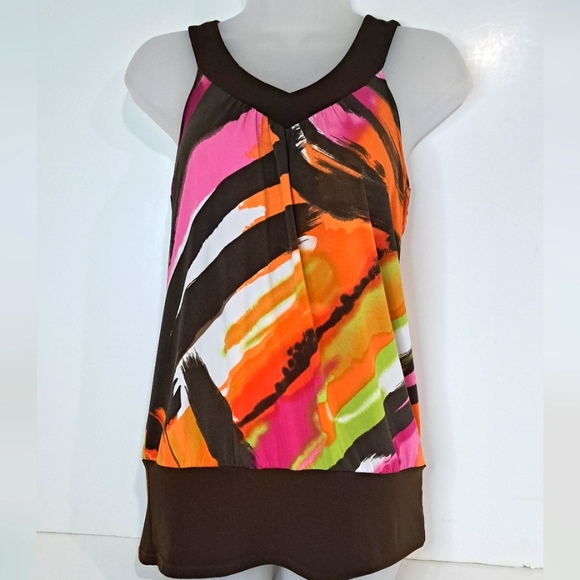 IZ BYER Women's Sleeveless V Neck Top Brown Multi-Color Abstract Design Medium - Picture 1 of 12